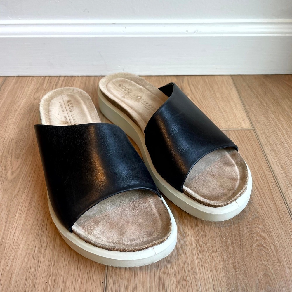 ECCO Corksphere Black Leather Slide Sandals Platform 39 271823-01001